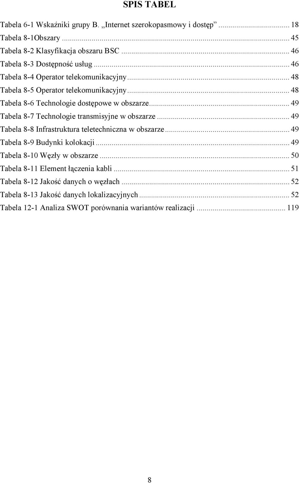 .. 49 Tabela 8-7 Technologie transmisyjne w obszarze... 49 Tabela 8-8 Infrastruktura teletechniczna w obszarze... 49 Tabela 8-9 Budynki kolokacji.