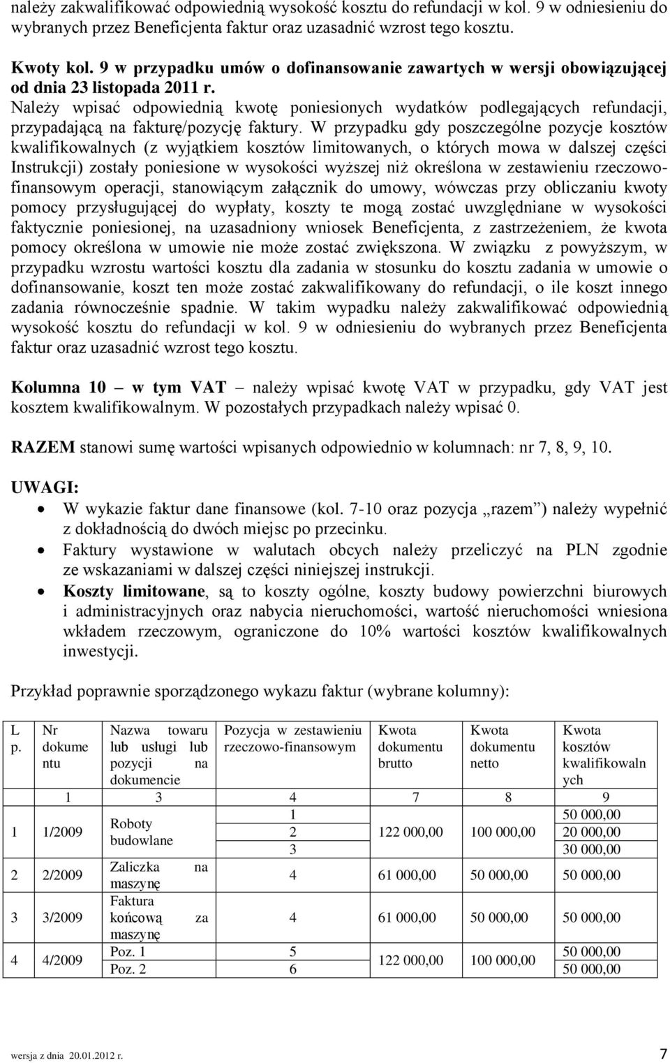 Należy wpisać odpowiednią kwotę poniesionych wydatków podlegających refundacji, przypadającą na fakturę/pozycję faktury.