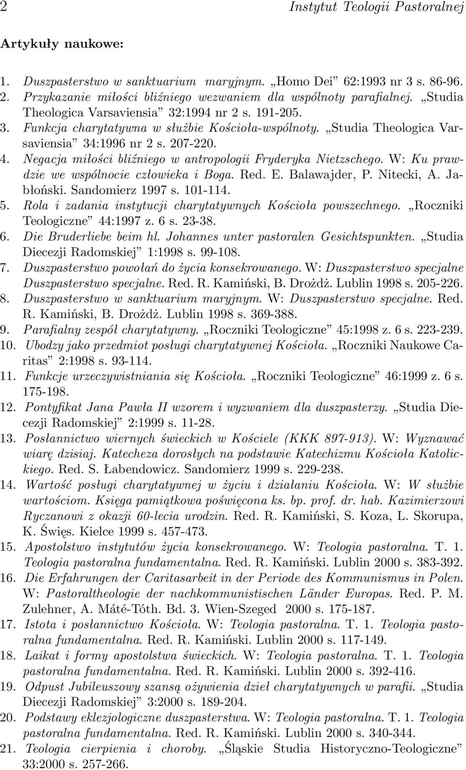 Negacja miłości bliźniego w antropologii Fryderyka Nietzschego. W: Ku prawdzie we wspólnocie człowieka i Boga. Red. E. Balawajder, P. Nitecki, A. Jabłoński. Sandomierz 1997 s. 101-114. 5.