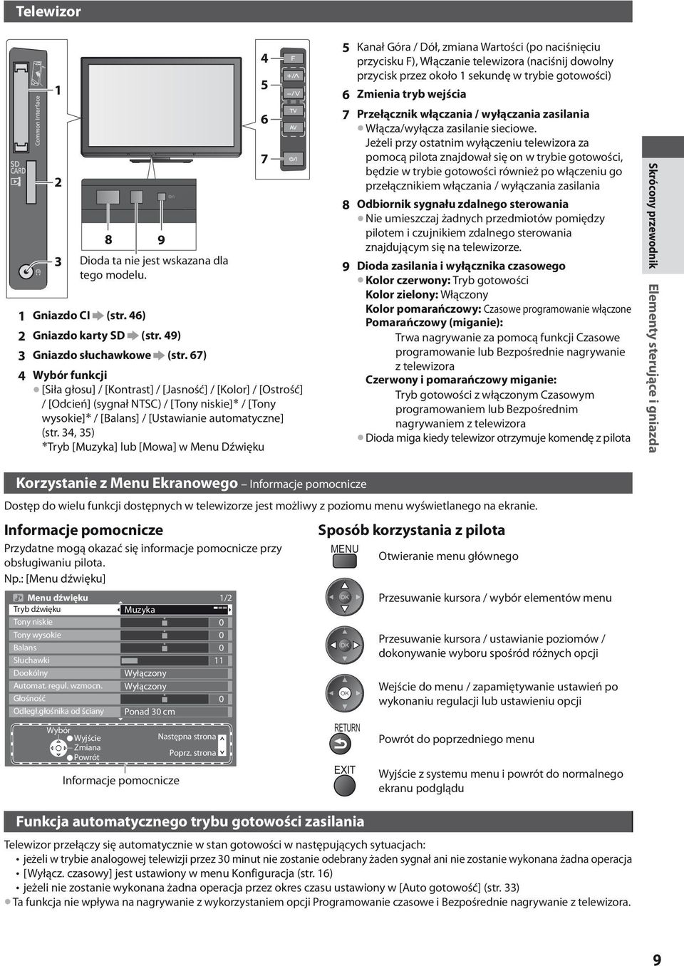 34, 35) Tryb [Muzyka] lub [Mowa] w Menu Dźwięku 4 5 6 7 5 Kanał Góra / Dół, zmiana Wartości (po naciśnięciu przycisku F), Włączanie telewizora (naciśnij dowolny przycisk przez około 1 sekundę w