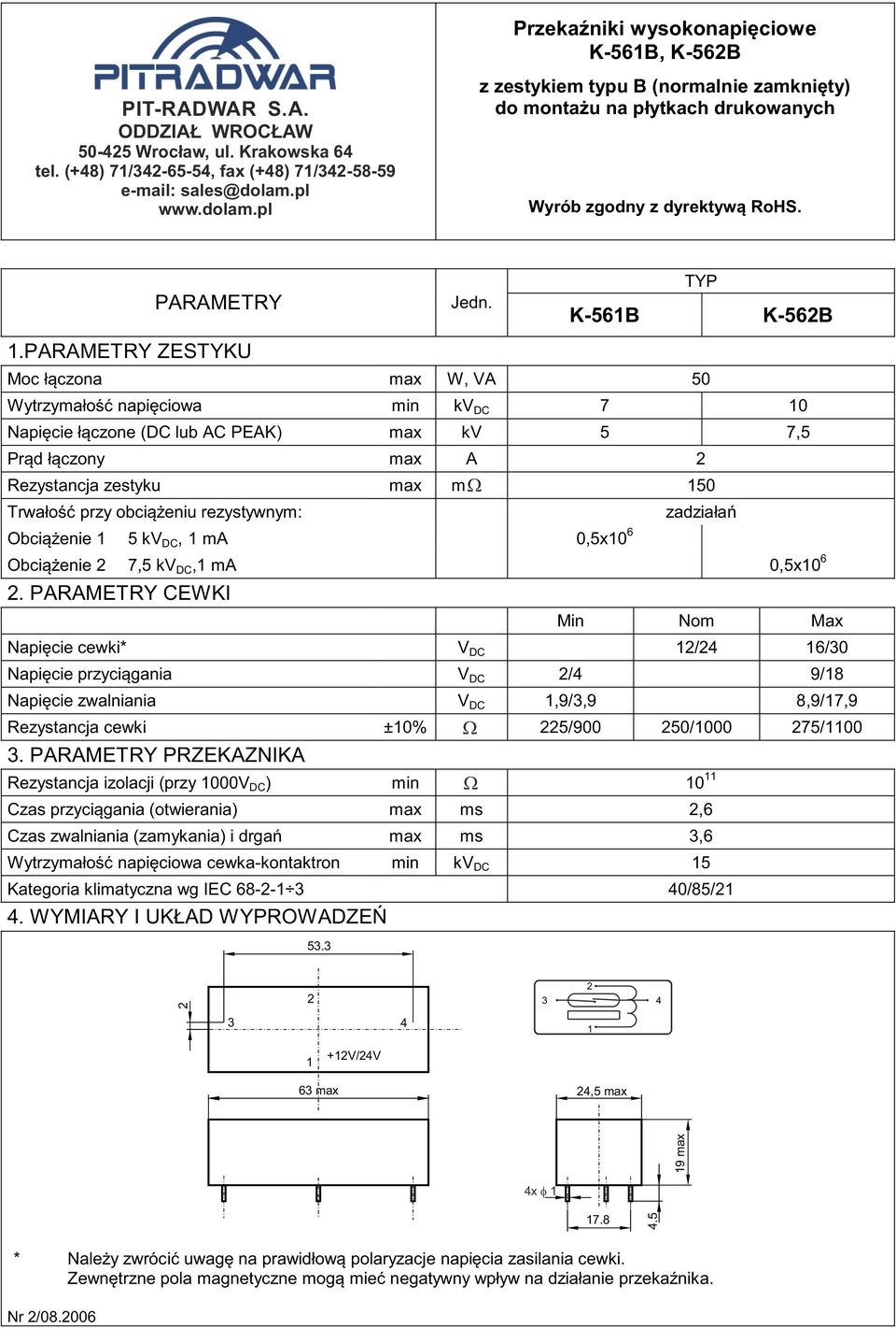 CEWKI Min Nom Max Napięcie cewki* V DC / 6/0 Napięcie przyciągania V DC / 9/8 Napięcie zwalniania V DC,9/,9 8,9/7,9 Rezystancja cewki ±0% 5/900 50/000 75/00.