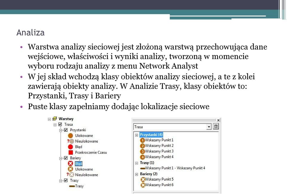 wchodzą klasy obiektów analizy sieciowej, a te z kolei zawierają obiekty analizy.