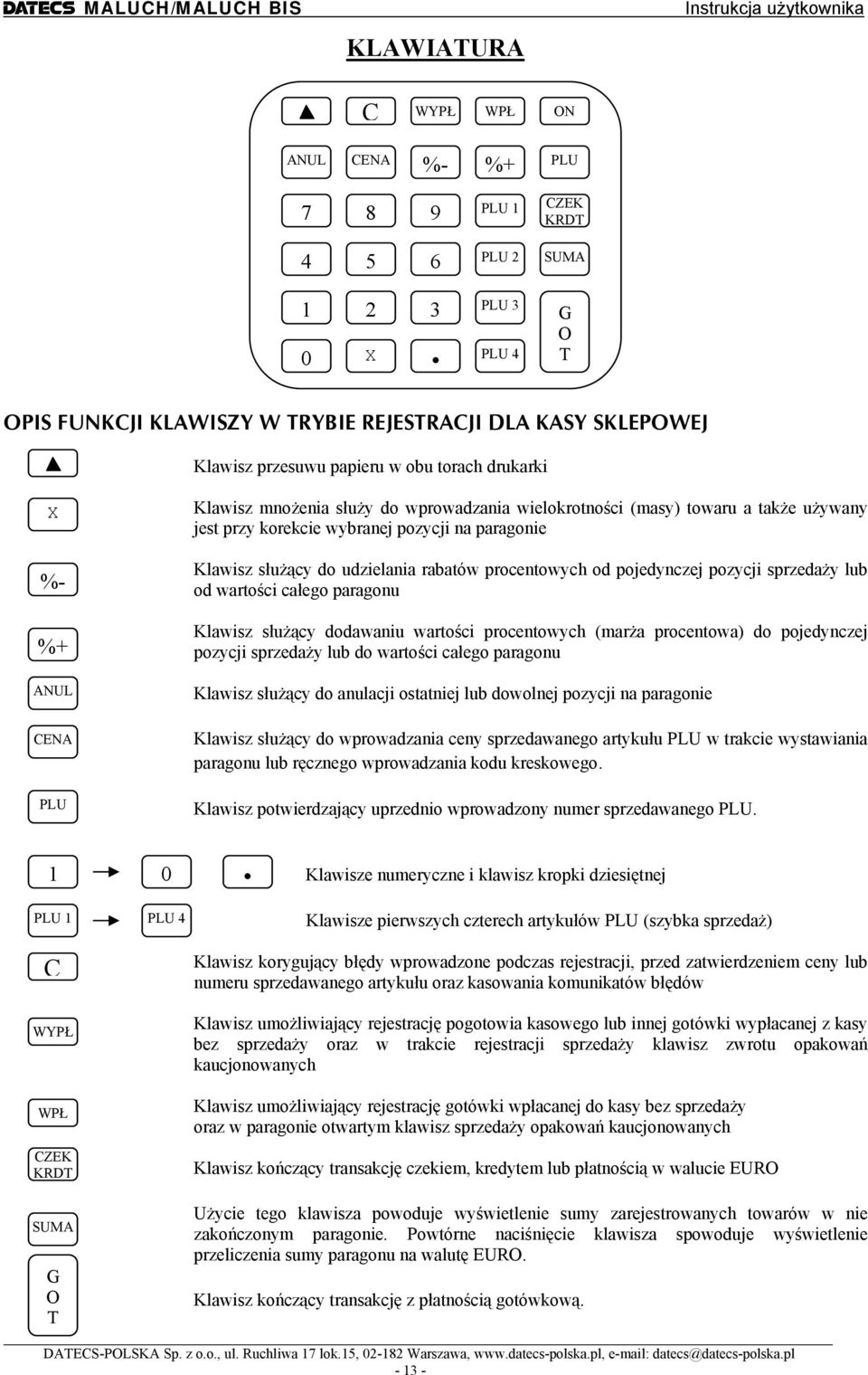 procentowych od pojedynczej pozycji sprzedaży lub od wartości całego paragonu Klawisz służący dodawaniu wartości procentowych (marża procentowa) do pojedynczej pozycji sprzedaży lub do wartości