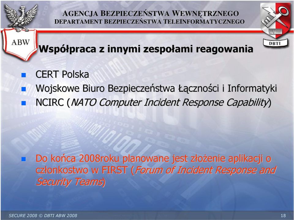 Incident Response Capability) Do końca 2008roku planowane jest złożenie z