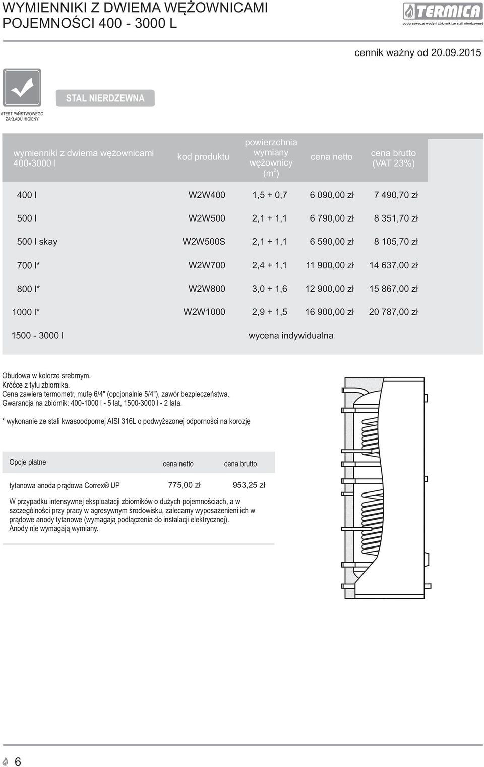 Cena zawiera termometr, mufê 6 /4" (opcjonalnie 5/4", zawór bezpieczeñstwa. Gwarancja na zbiornik: 400-1000 l - 5 lat, 1500-3000 l - 2 lata.