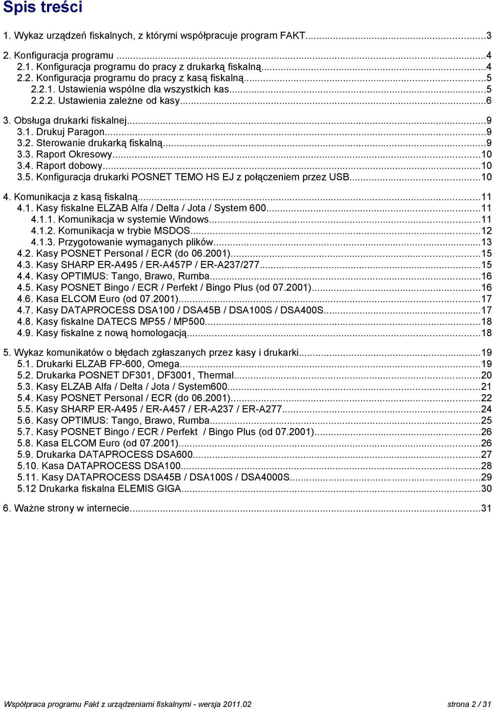 ..10 3.4. Raport dobowy...10 3.5. Konfiguracja drukarki POSNET TEMO HS EJ z połączeniem przez USB...10 4. Komunikacja z kasą fiskalną...11 4.1. Kasy fiskalne ELZAB Alfa / Delta / Jota / System 600.