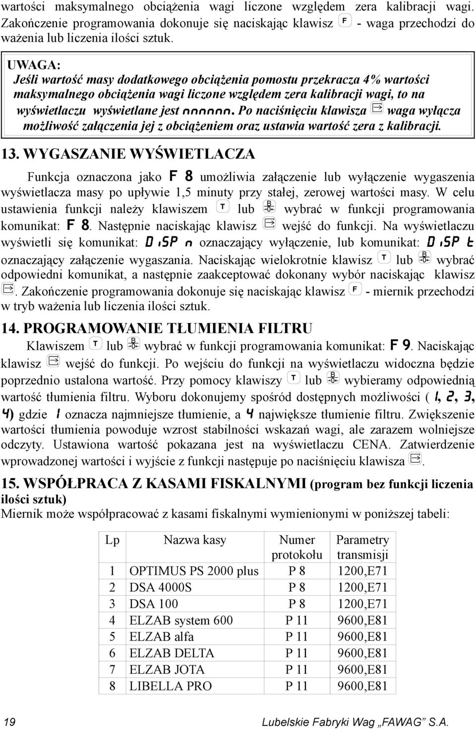 Po naciśnięciu klawisza waga wyłącza możliwość załączenia jej z obciążeniem oraz ustawia wartość zera z kalibracji. 13.