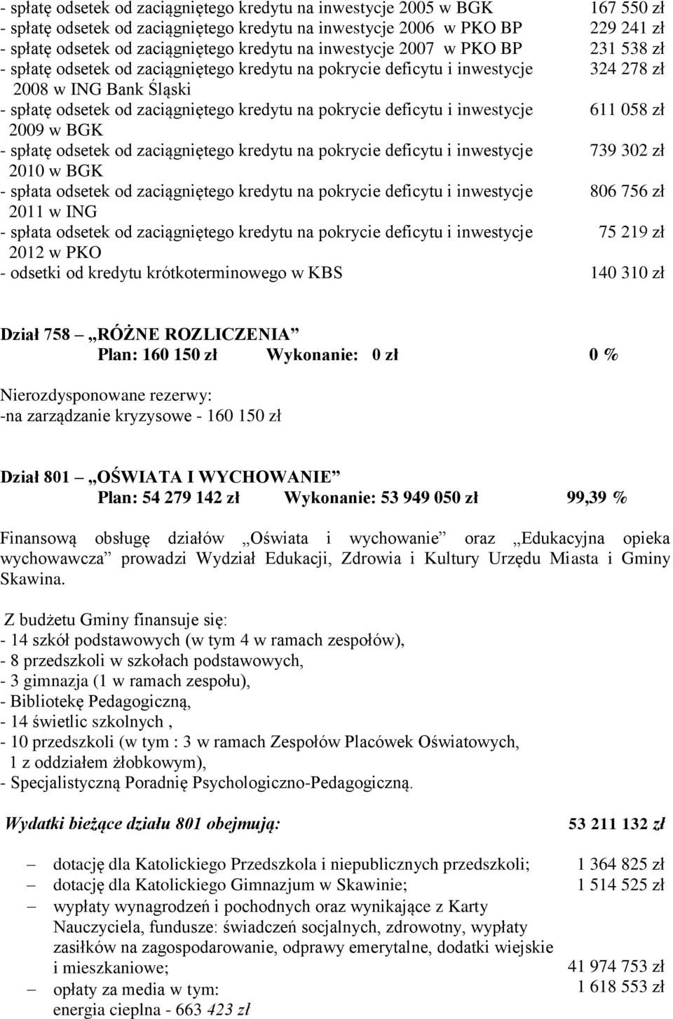 spłatę odsetek od zaciągniętego kredytu na pokrycie deficytu i inwestycje 2010 w BGK - spłata odsetek od zaciągniętego kredytu na pokrycie deficytu i inwestycje 2011 w ING - spłata odsetek od