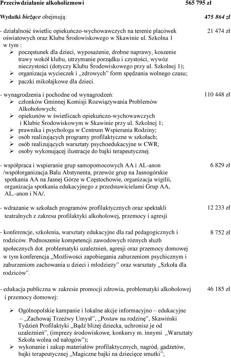 Szkolnej 1); organizacja wycieczek i zdrowych form spędzania wolnego czasu; paczki mikołajkowe dla dzieci.