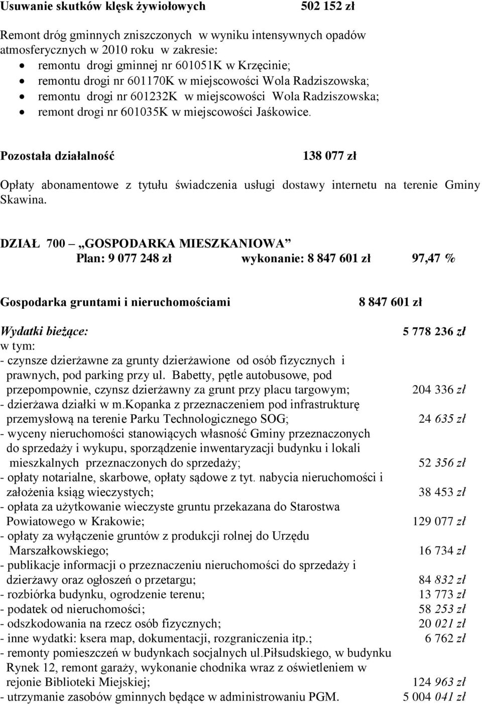 Pozostała działalność 138 077 zł Opłaty abonamentowe z tytułu świadczenia usługi dostawy internetu na terenie Gminy Skawina.