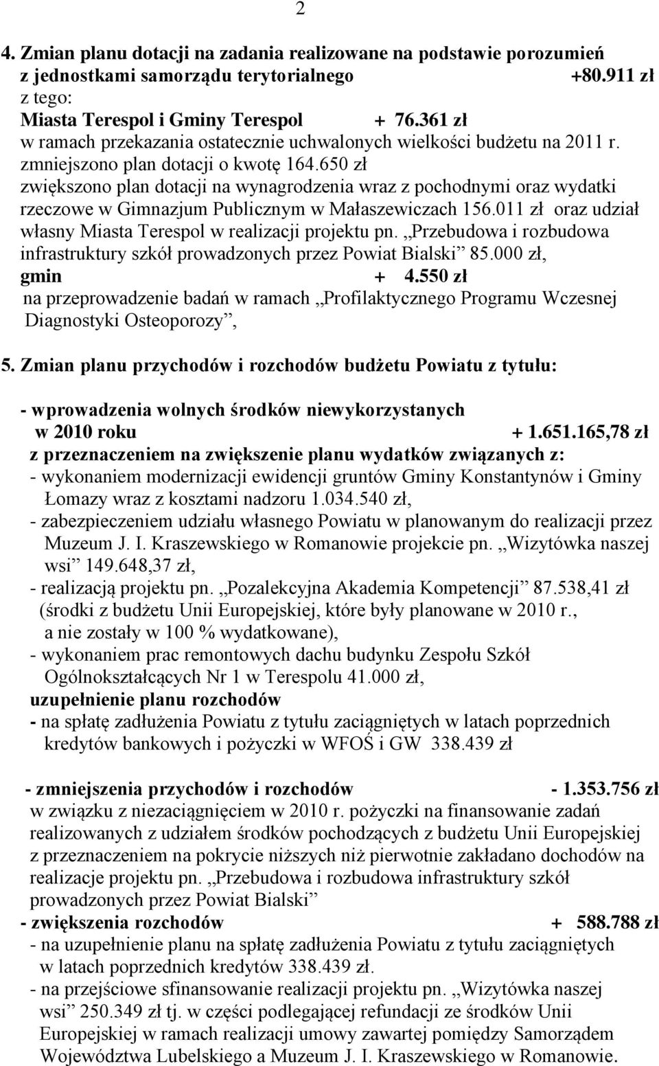 650 zł zwiększono plan dotacji na wynagrodzenia wraz z pochodnymi oraz wydatki rzeczowe w Gimnazjum Publicznym w Małaszewiczach 156.011 zł oraz udział własny Miasta Terespol w realizacji projektu pn.