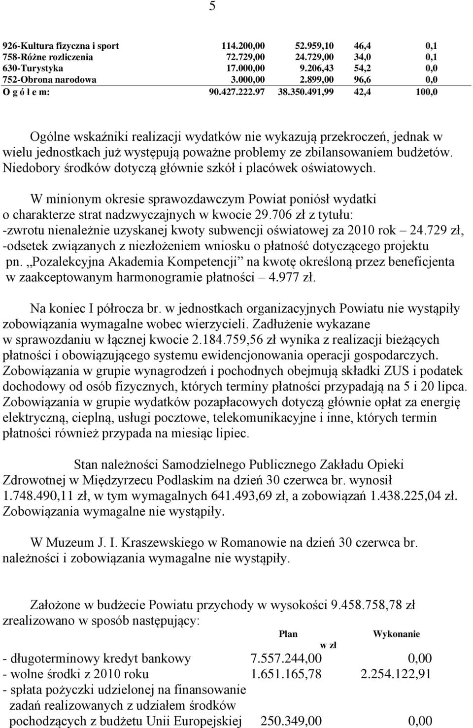 491,99 42,4 100,0 Ogólne wskaźniki realizacji wydatków nie wykazują przekroczeń, jednak w wielu jednostkach już występują poważne problemy ze zbilansowaniem budżetów.