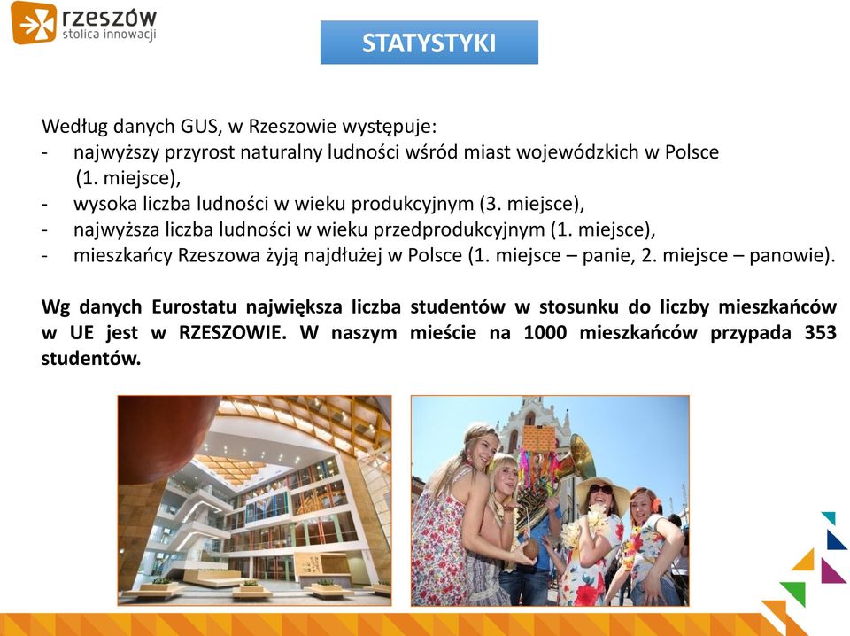 miejsce), - mieszkańcy Rzeszowa żyją najdłużej w Polsce (1. miejsce panie, 2. miejsce panowie).