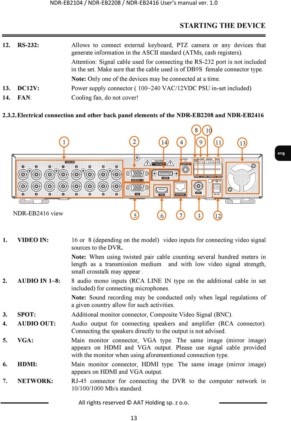 Attention: Signal cable used for connecting the RS-232 port is not included in the set. Make sure that the cable used is of DB9S female connector type.