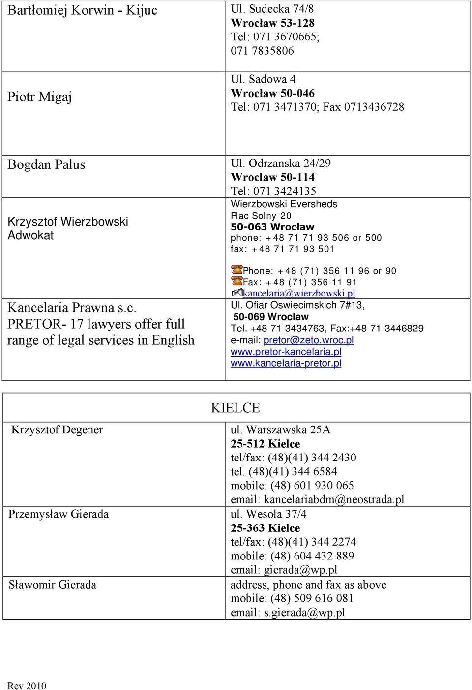 s.c. PRETOR- 17 lawyers offer full range of legal services in English Phone: +48 (71) 356 11 96 or 90 Fax: +48 (71) 356 11 91 kancelaria@wierzbowski.pl Ul.