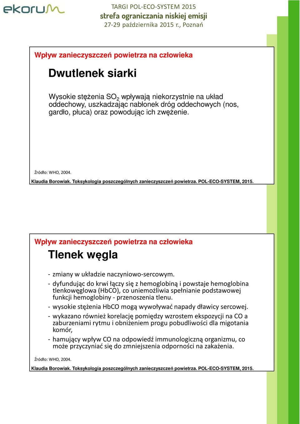 - dyfundując do krwi łączy się z hemoglobiną i powstaje hemoglobina tlenkowęglowa (HbCO), co uniemożliwia spełnianie podstawowej funkcji hemoglobiny - przenoszenia tlenu.