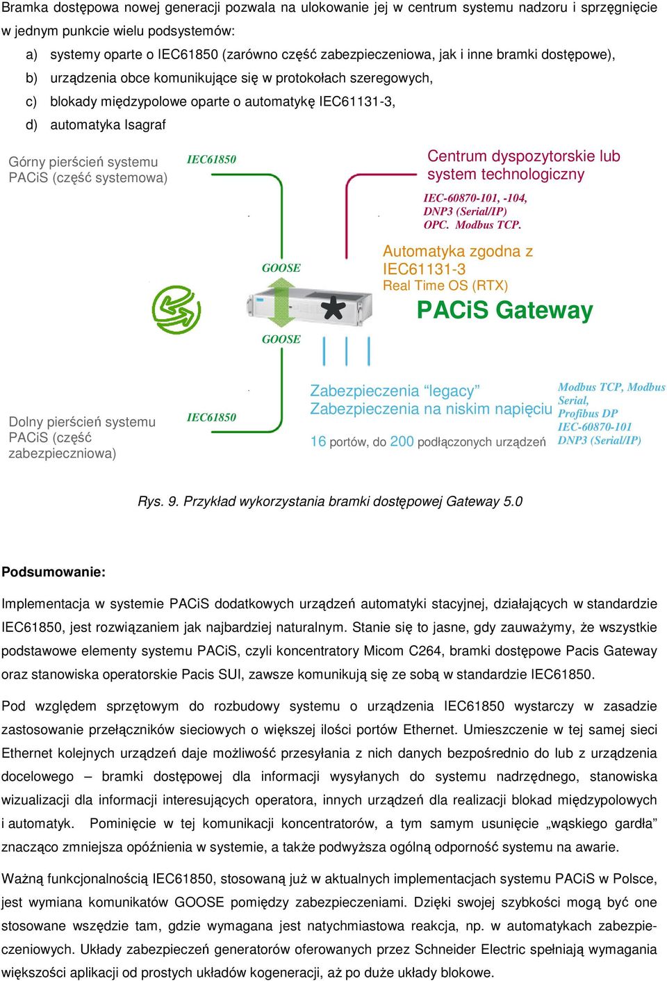 PACiS (część systemowa) IEC61850 GOOSE GOOSE Centrum dyspozytorskie lub system technologiczny IEC-60870-101, -104, DNP3 (Serial/IP) OPC, Modbus TCP, Automatyka zgodna z IEC61131-3 Real Time OS (RTX)