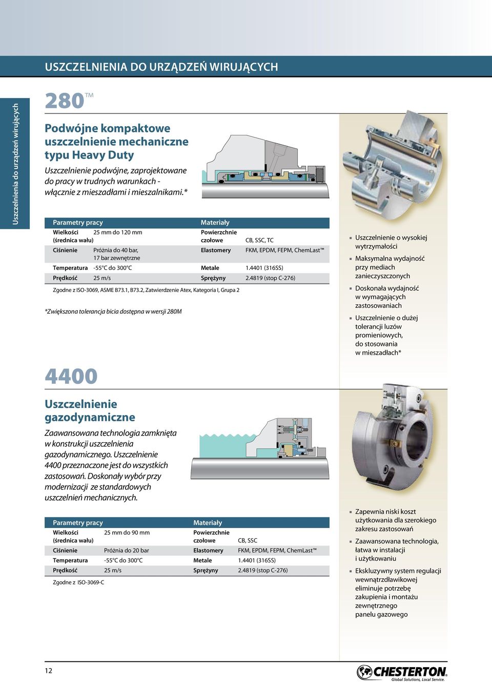 * Parametry pracy 4400 Materiały Wielkości 25 mm do 120 mm Powierzchie (średica wału) czołowe CB, SSC, TC Ciśieie Próżia do 40 bar, Elastomery FKM, EPDM, FEPM, ChemLast 17 bar zewętrze Temperatura