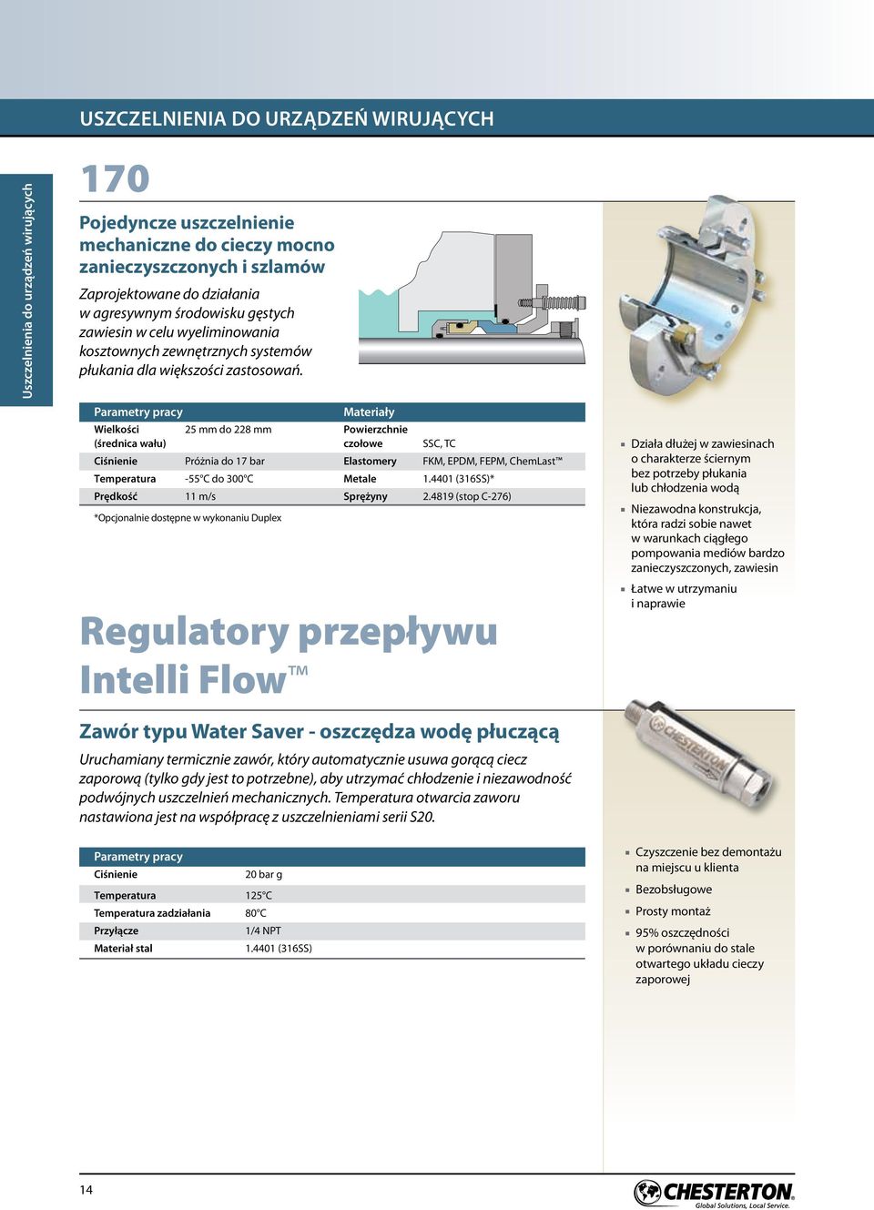 Parametry pracy Materiały Wielkości 25 mm do 228 mm Powierzchie (średica wału) czołowe SSC, TC Ciśieie Próżia do 17 bar Elastomery FKM, EPDM, FEPM, ChemLast Temperatura -55 C do 300 C Metale 1.