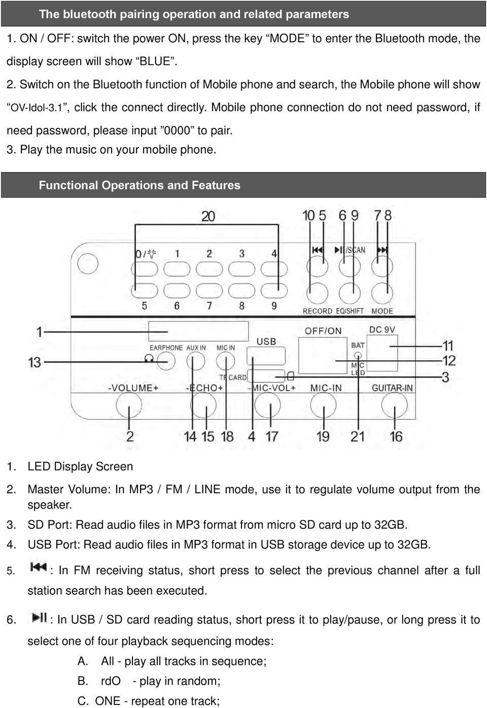 Mobile phone connection do not need password, if need password, please input 0000 to pair. 3. Play the music on your mobile phone. Functional Operations and Features 1. LED Display Screen 2.