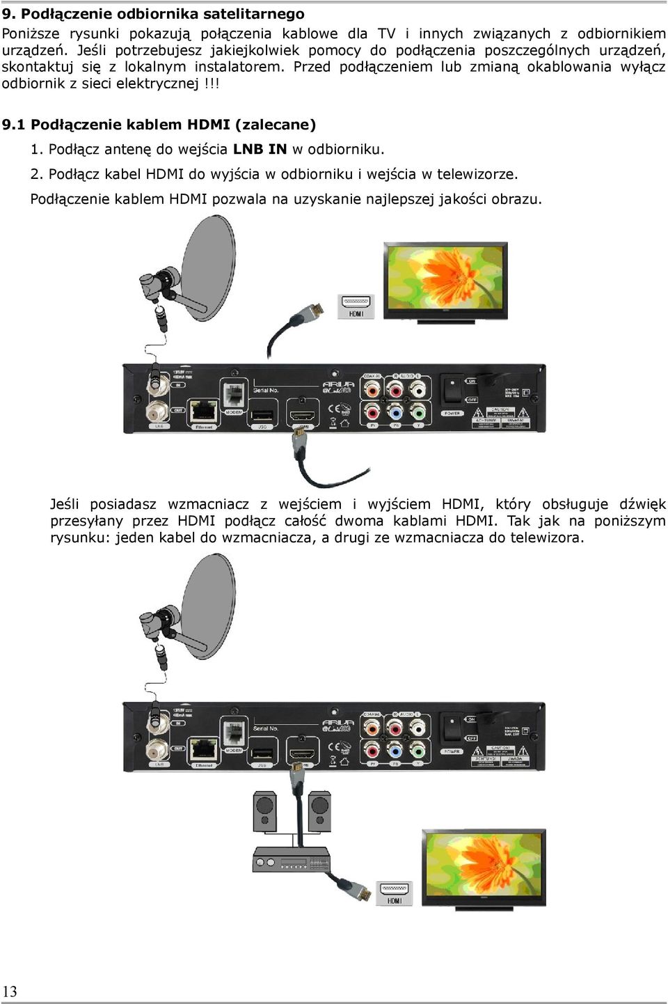 !! 9.1 Podłączenie kablem HDMI (zalecane) 1. Podłącz antenę do wejścia LNB IN w odbiorniku. 2. Podłącz kabel HDMI do wyjścia w odbiorniku i wejścia w telewizorze.