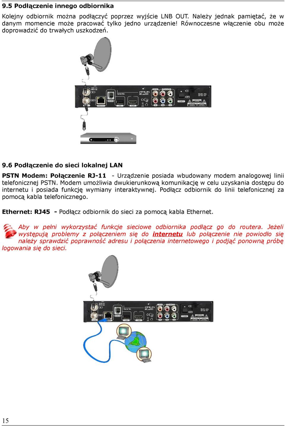 6 Podłączenie do sieci lokalnej LAN PSTN Modem: Połączenie RJ-11 - Urządzenie posiada wbudowany modem analogowej linii telefonicznej PSTN.