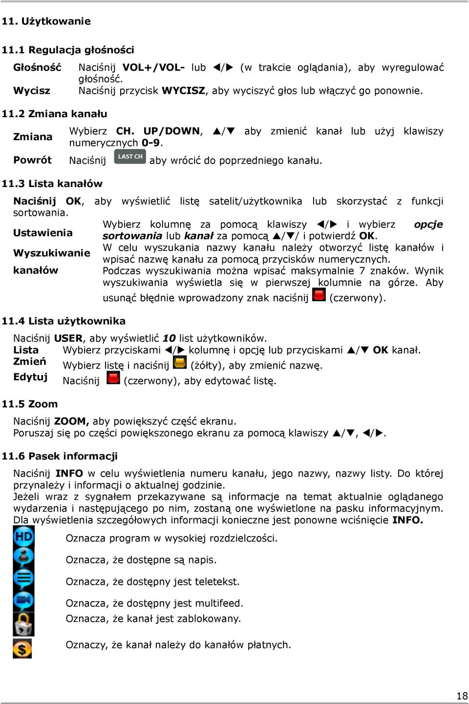 11.3 Lista kanałów Naciśnij OK, aby wyświetlić listę satelit/użytkownika lub skorzystać z funkcji sortowania.