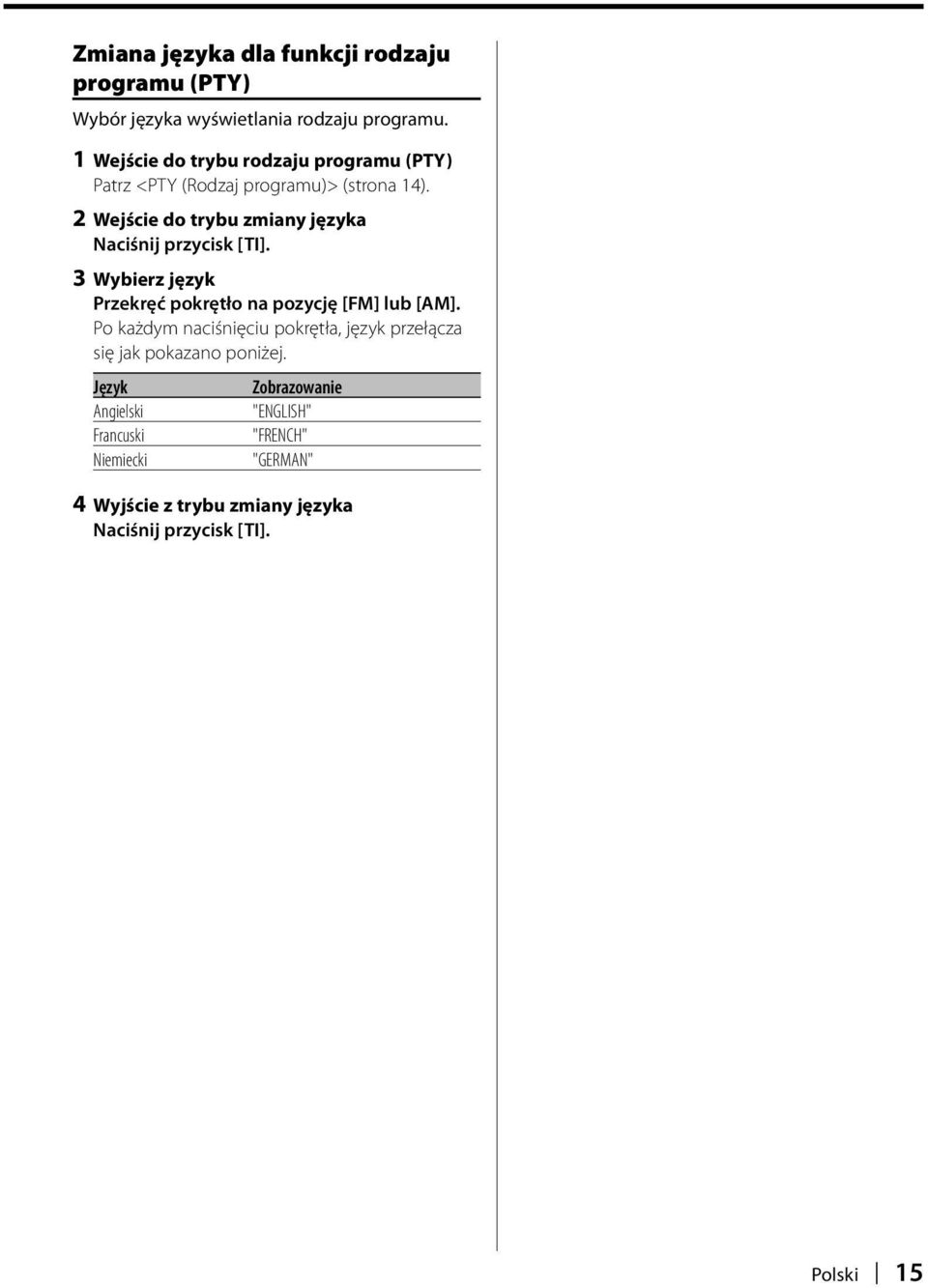 2 Wejście do trybu zmiany języka Naciśnij przycisk [TI]. 3 Wybierz język Przekręć pokrętło na pozycję [FM] lub [AM].