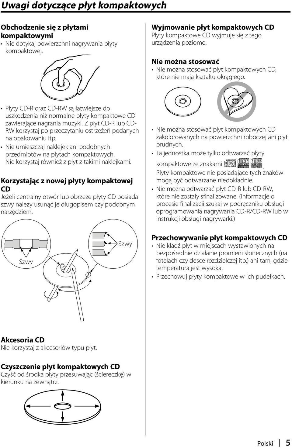 Płyty CD-R oraz CD-RW są łatwiejsze do uszkodzenia niż normalne płyty kompaktowe CD zawierające nagrania muzyki. Z płyt CD-R lub CD- RW korzystaj po przeczytaniu ostrzeżeń podanych na opakowaniu itp.