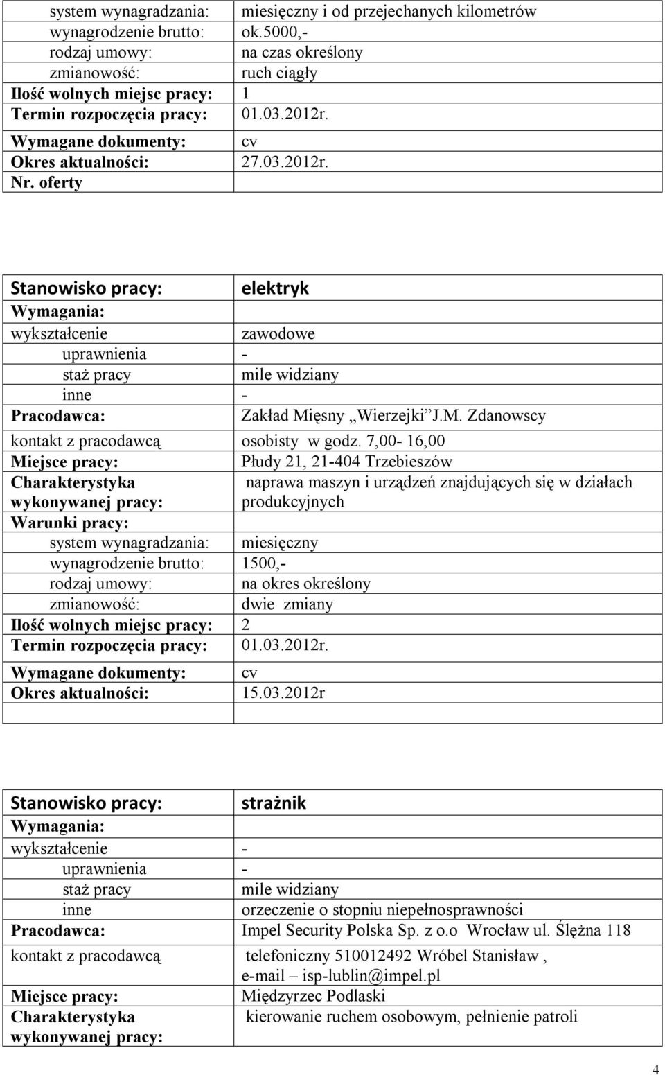 7,00-16,00 Płudy 21, 21-404 Trzebieszów naprawa maszyn i urządzeń znajdujących się w działach produkcyjnych wynagrodzenie brutto: 1500,- na okres określony Ilość