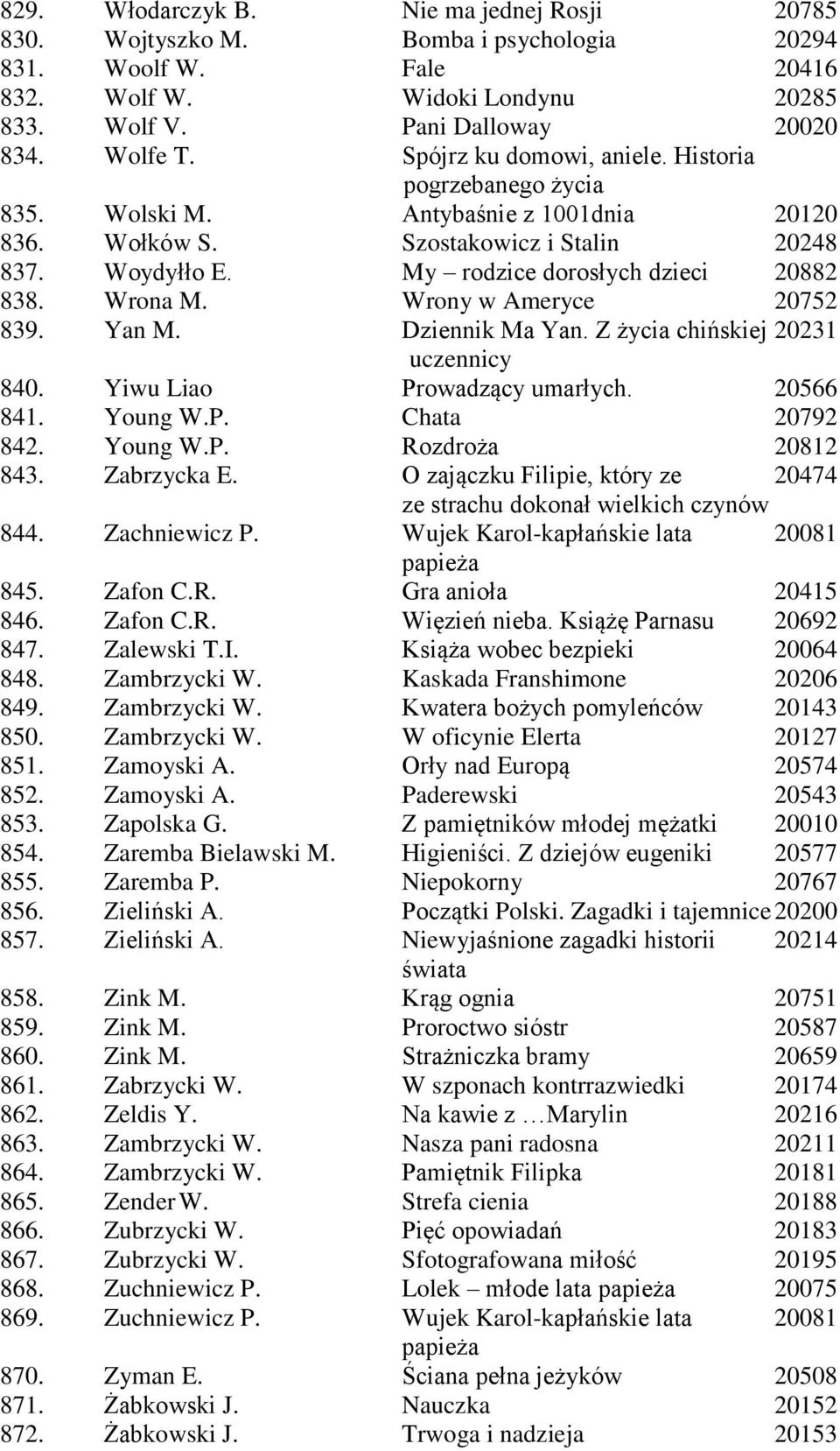 Wrona M. Wrony w Ameryce 20752 839. Yan M. Dziennik Ma Yan. Z życia chińskiej 20231 uczennicy 840. Yiwu Liao Prowadzący umarłych. 20566 841. Young W.P. Chata 20792 842. Young W.P. Rozdroża 20812 843.