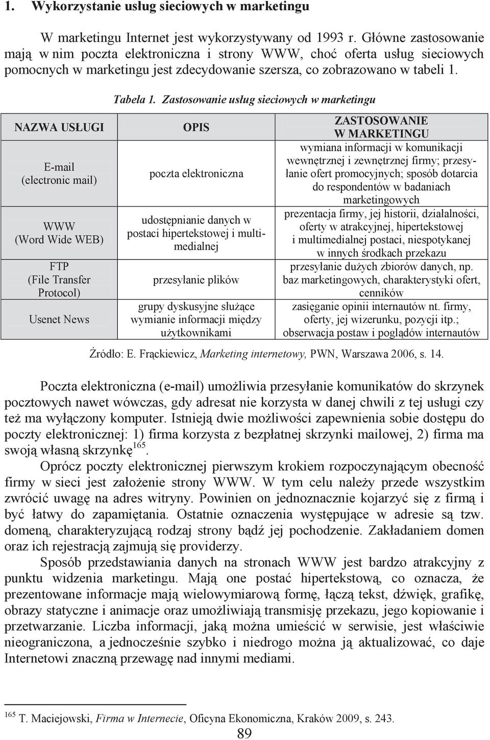 NAZWA USŁUGI E-mail (electronic mail) WWW (Word Wide WEB) FTP (File Transfer Protocol) Usenet News Tabela 1.