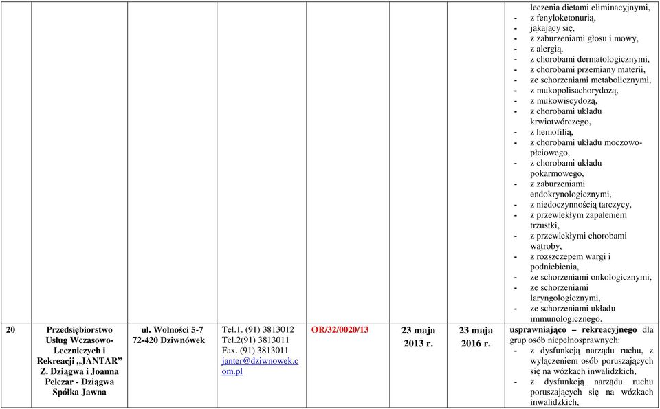pl OR/32/0020/13 23 maja 23 maja leczenia dietami eliminacyjnymi, - z fenyloketonurią, - jąkający się, - z zaburzeniami głosu i mowy, - z alergią, - z chorobami dermatologicznymi, - z chorobami