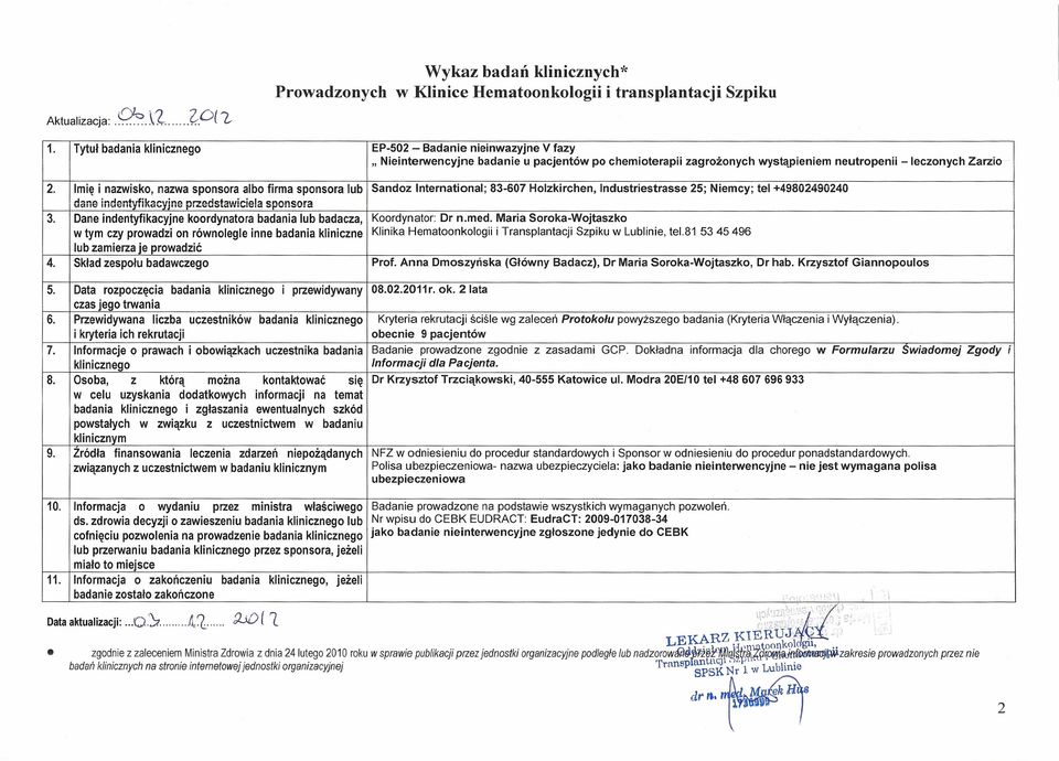 Imię i nazwisko, nazwa sponsora albo firma sponsora lub Sandoz International; 83-607 Holzkirchen, Industriestrasse 25; Niemcy; tel +49802490240 dane lndentytikacyine przedstawiciela sponsora 3.