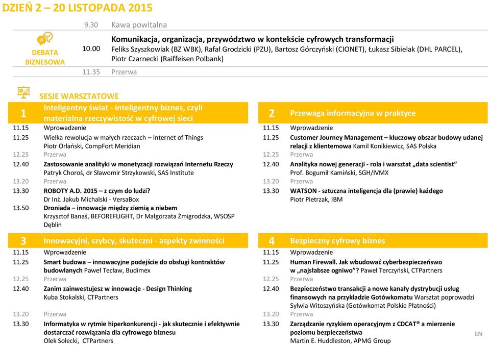 Czarnecki (Raiffeisen Polbank) 11.35 Przerwa SESJE WARSZTATOWE Inteligentny świat - inteligentny biznes, czyli 1 materialna rzeczywistość w cyfrowej sieci 2 Przewaga informacyjna w praktyce 11.