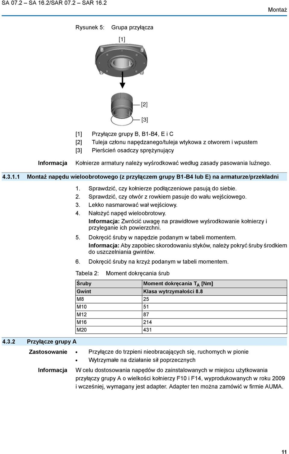 armatury należy wyśrodkować według zasady pasowania luźnego. 4.3.1.1 Montaż napędu wieloobrotowego (z przyłączem grupy B1-B4 lub E) na armaturze/przekładni 1.