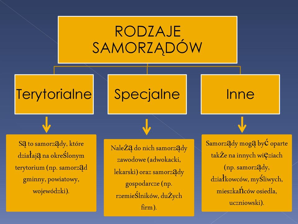 Należą do nich samorządy zawodowe (adwokacki, lekarski) oraz samorządy gospodarcze (np.