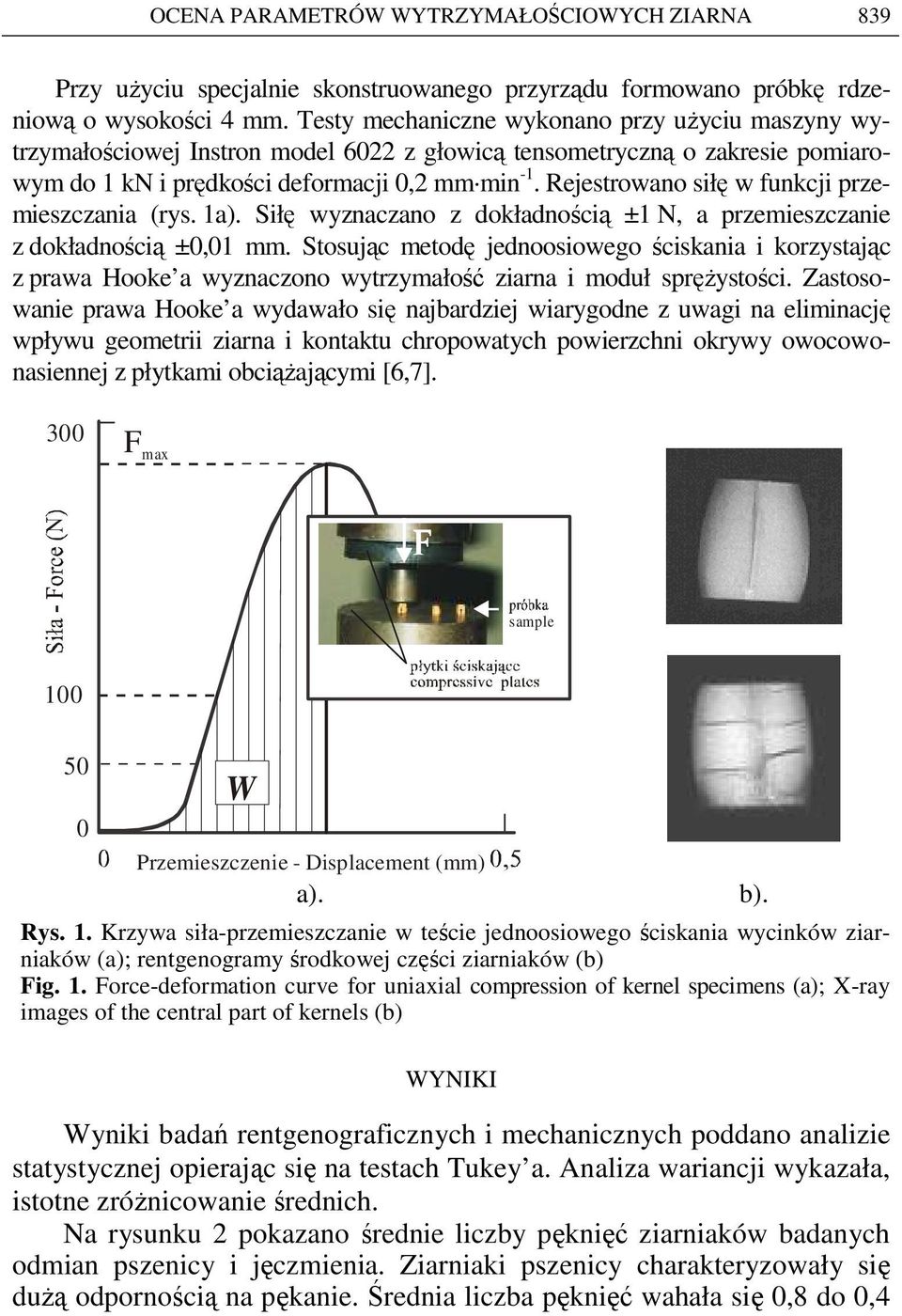 Rejestrowano siłę w funkcji przemieszczania (rys. 1a). Siłę wyznaczano z dokładnością ±1 N, a przemieszczanie z dokładnością ±0,01 mm.