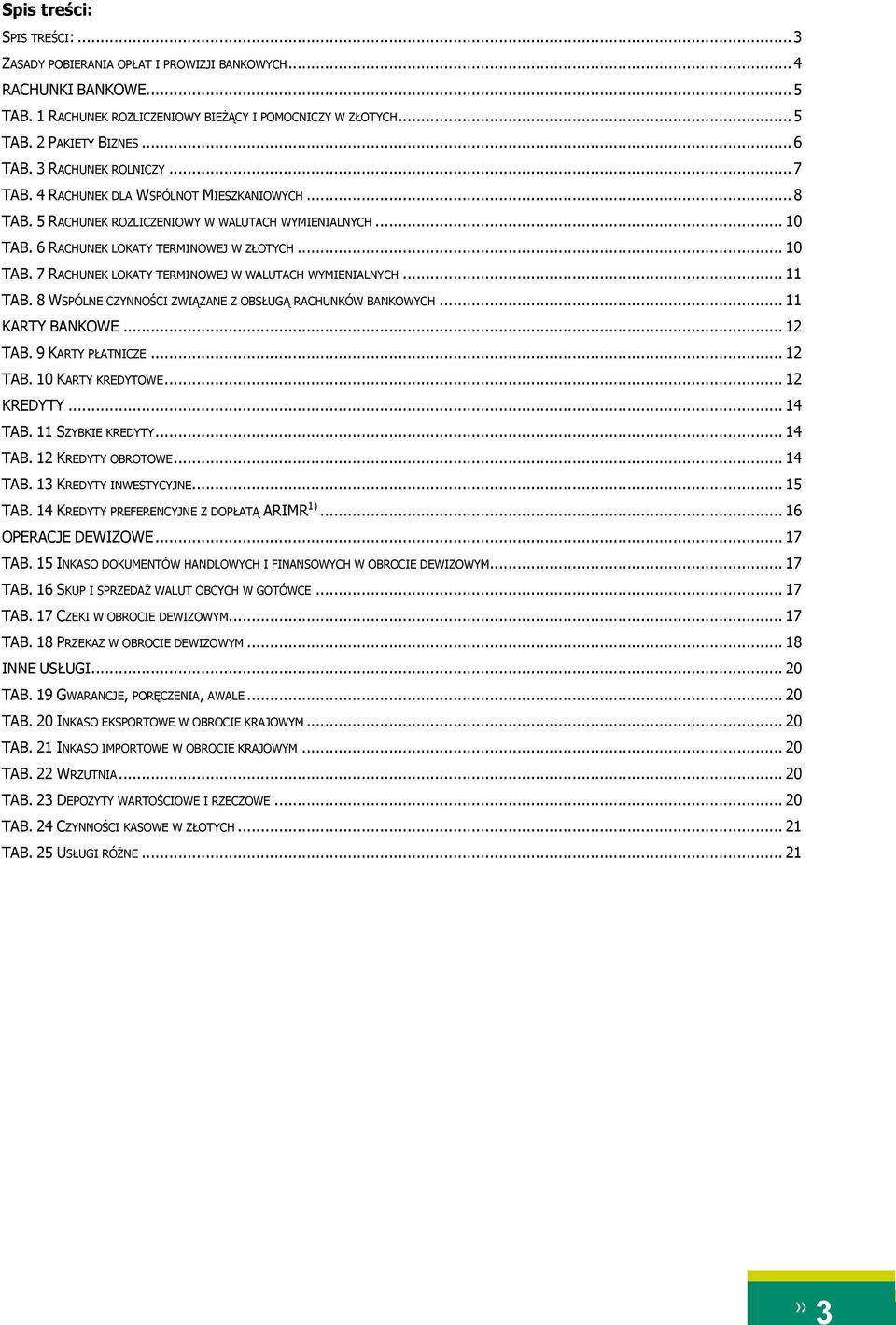 .. 11 TAB. 8 WSPÓLNE CZYNNOŚCI ZWIĄZANE Z OBSŁUGĄ RACHUNKÓW BANKOWYCH... 11 KARTY BANKOWE... 12 TAB. 9 KARTY PŁATNICZE... 12 TAB. 10 KARTY KREDYTOWE... 12 KREDYTY... 14 TAB. 11 SZYBKIE KREDYTY.