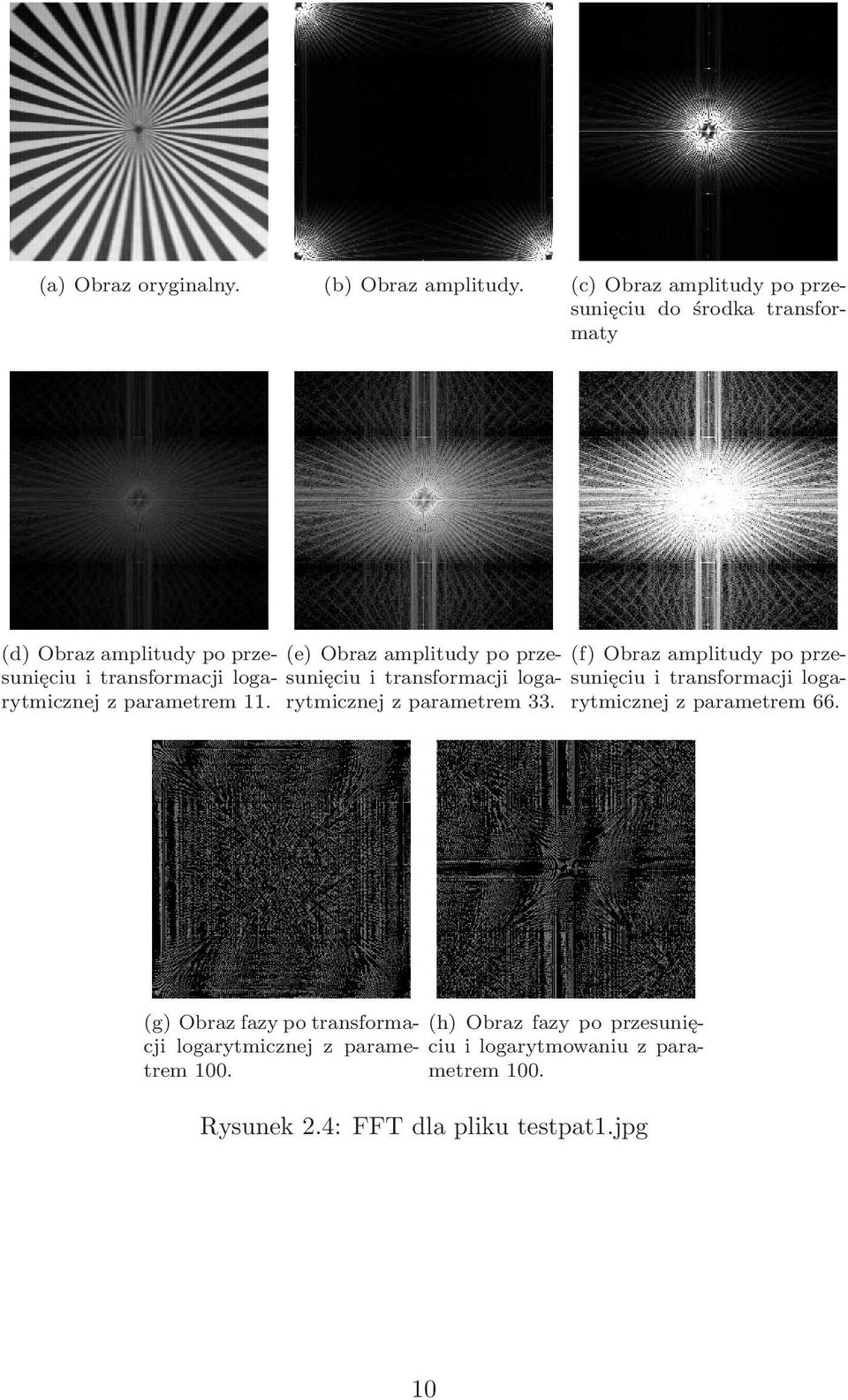 parametrem 11. (e) Obraz amplitudy po przesunięciu i transformacji logarytmicznej z parametrem 33.