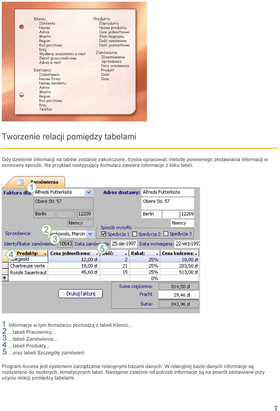 .....tabeli Zamówienia......tabeli Produkty......oraz tabeli Szczegóły zamówień. Program Access jest systemem zarządzania relacyjnymi bazami danych.