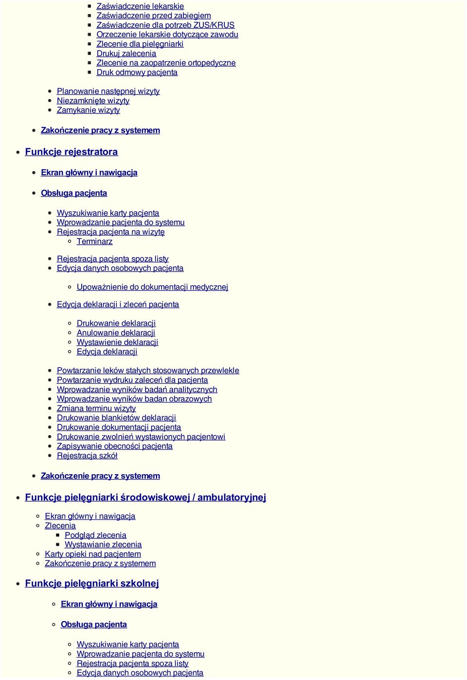 Wyszukiwanie karty pacjenta Wprowadzanie pacjenta do systemu Rejestracja pacjenta na wizytę Terminarz Rejestracja pacjenta spoza listy Edycja danych osobowych pacjenta Upoważnienie do dokumentacji