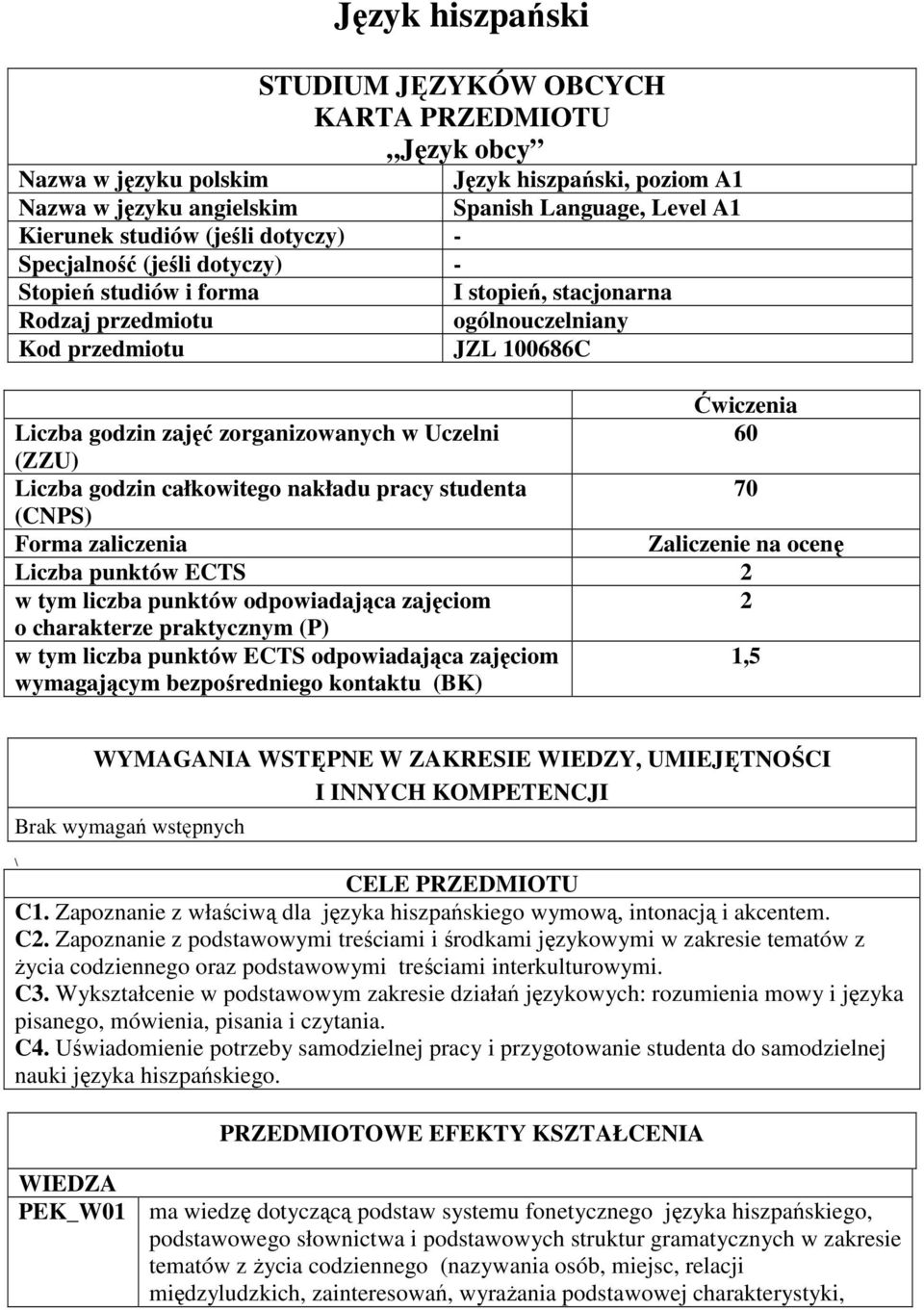 Uczelni 60 (ZZU) Liczba godzin całkowitego nakładu pracy studenta 70 (CNPS) Forma zaliczenia Zaliczenie na ocenę Liczba punktów ECTS w tym liczba punktów odpowiadająca zajęciom o charakterze