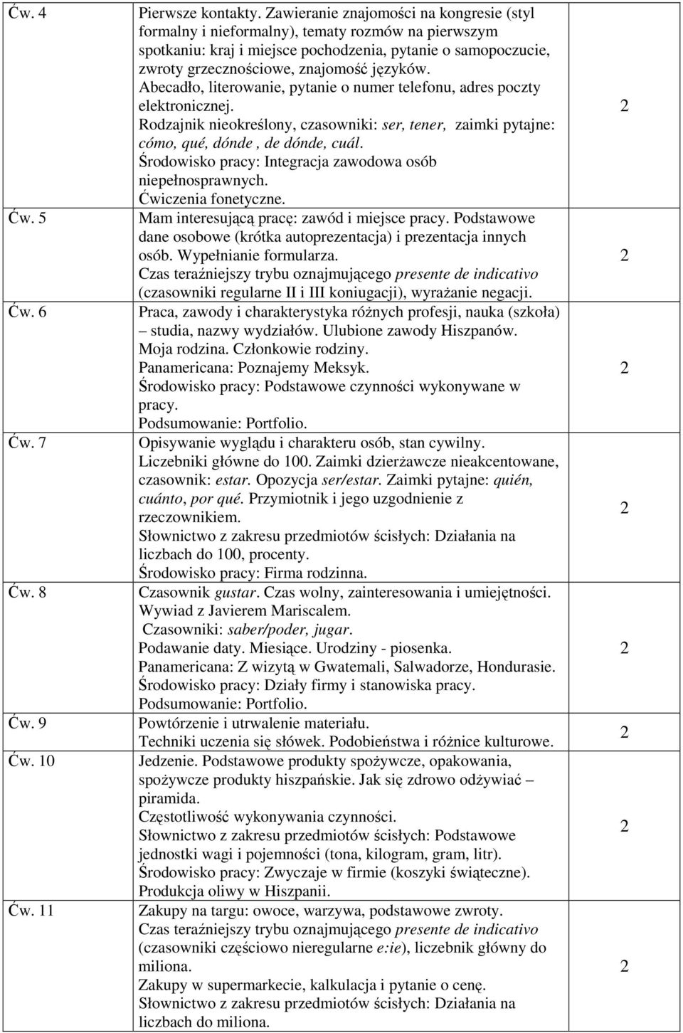 Abecadło, literowanie, pytanie o numer telefonu, adres poczty elektronicznej. Rodzajnik nieokreślony, czasowniki: ser, tener, zaimki pytajne: cómo, qué, dónde, de dónde, cuál.