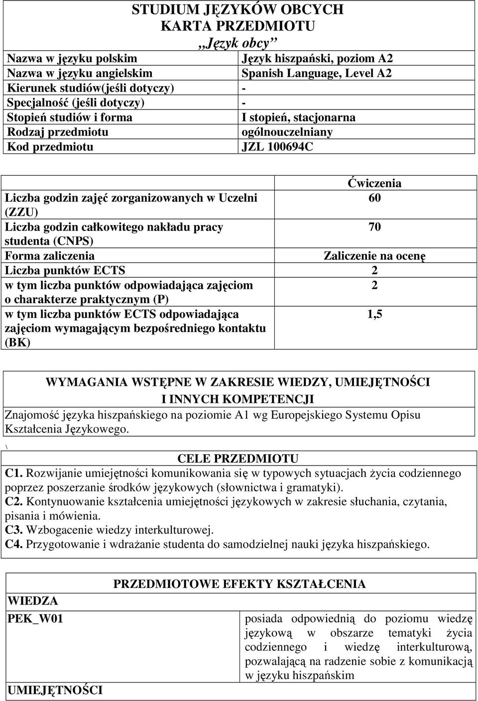 godzin całkowitego nakładu pracy 70 studenta (CNPS) Forma zaliczenia Zaliczenie na ocenę Liczba punktów ECTS w tym liczba punktów odpowiadająca zajęciom o charakterze praktycznym (P) w tym liczba