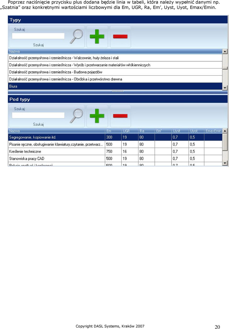 Szatnia oraz konkretnymi wartościami liczbowymi dla Em,