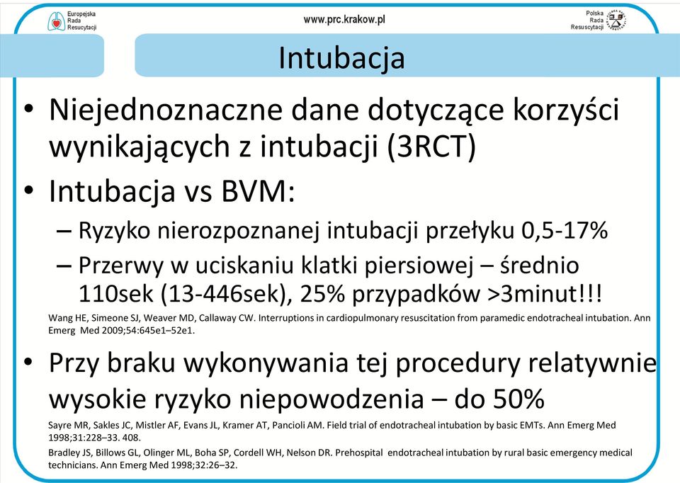 Ann Emerg Med 2009;54:645e1 52e1. Przy braku wykonywania tej procedury relatywnie wysokie ryzyko niepowodzenia do 50% Sayre MR, Sakles JC, Mistler AF, Evans JL, Kramer AT, Pancioli AM.