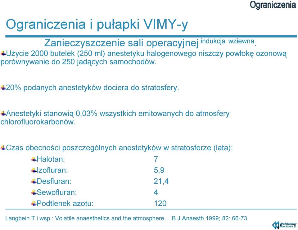 20% podanych anestetyków dociera do stratosfery. Anestetyki stanowią 0,03% wszystkich emitowanych do atmosfery chlorofluorokarbonów.