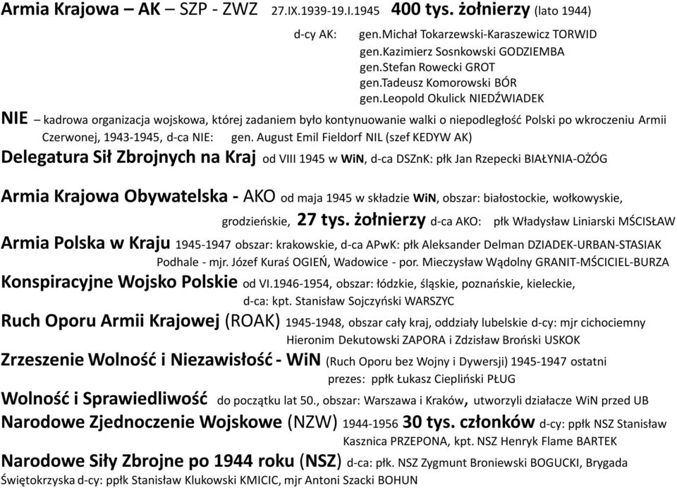 leopold Okulick NIEDŹWIADEK NIE kadrowa organizacja wojskowa, której zadaniem było kontynuowanie walki o niepodległośd Polski po wkroczeniu Armii Czerwonej, 1943-1945, d-ca NIE: gen.