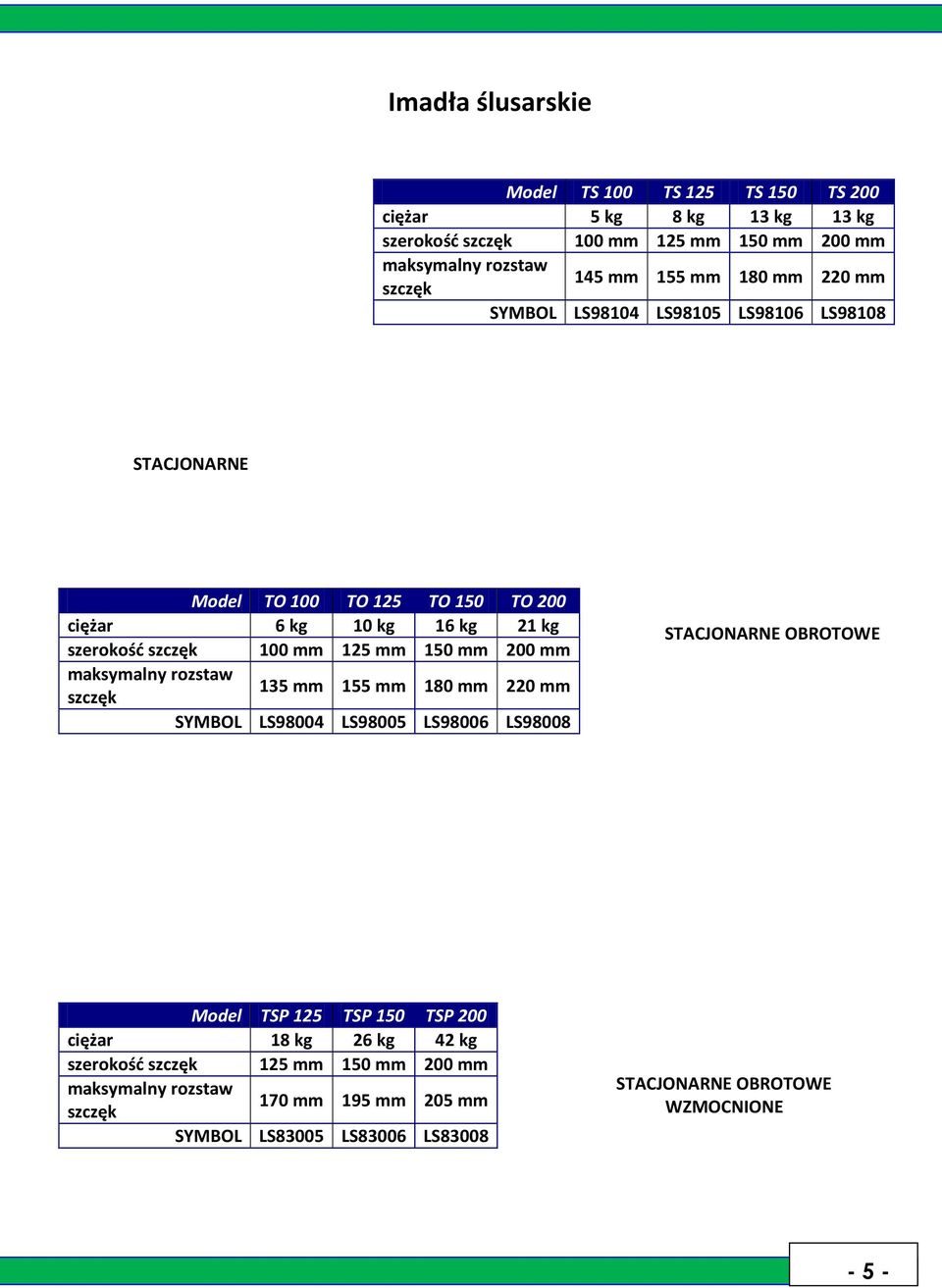 mm 200 mm maksymalny rozstaw szczęk 135 mm 155 mm 180 mm 220 mm SYMBOL LS98004 LS98005 LS98006 LS98008 STACJONARNE OBROTOWE Model TSP 125 TSP 150 TSP 200 ciężar 18